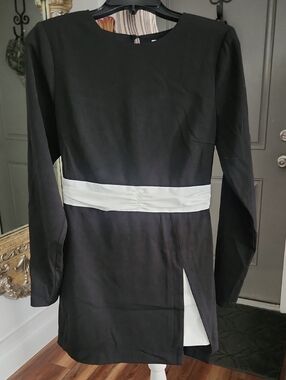 Just Me Black Long Sleeve Dress with White Waistband And Back Bow